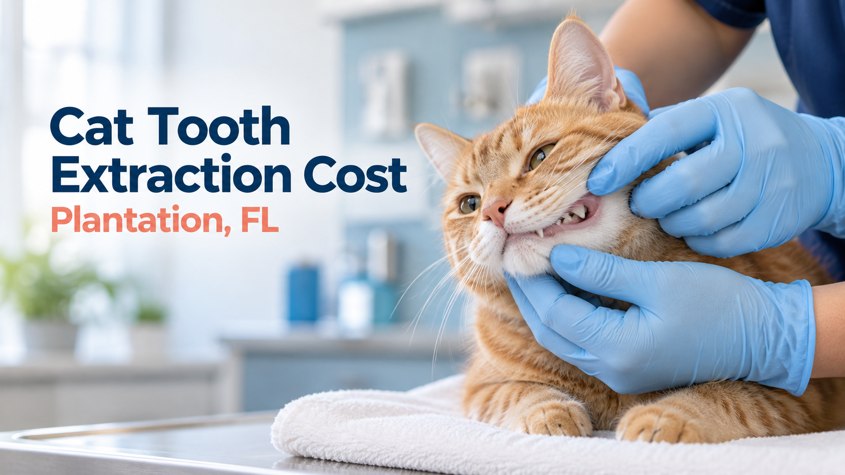 Veterinarian gently examining a calm cat's teeth for cat tooth extraction cost in Plantation FL
