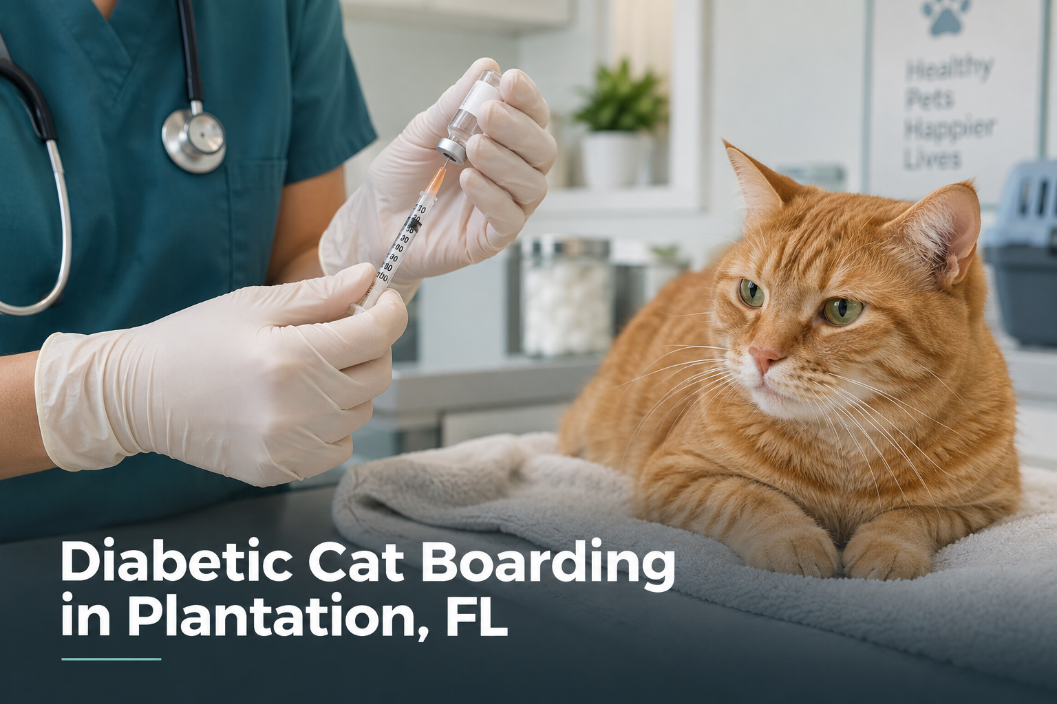 Veterinary technician preparing insulin injection for diabetic cat boarding in Plantation