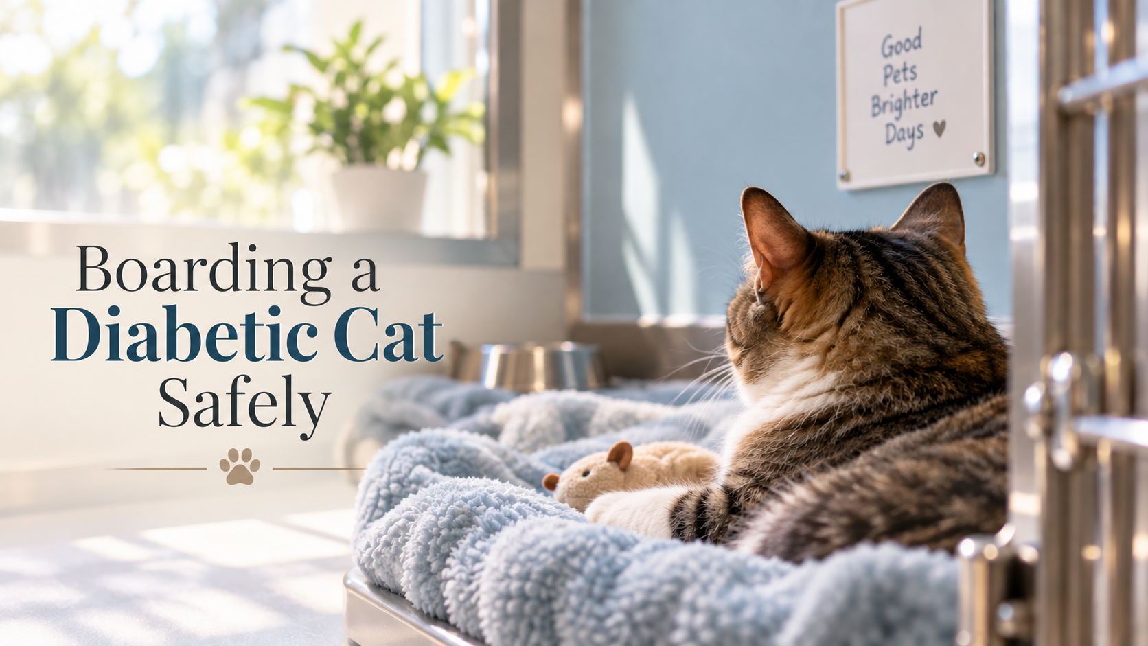 Cat resting calmly in a clinical boarding space for diabetic care