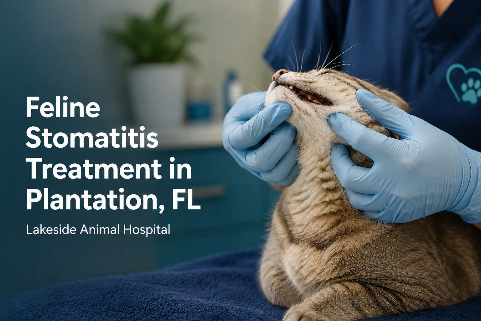 Veterinary team examining cat's mouth for feline stomatitis treatment