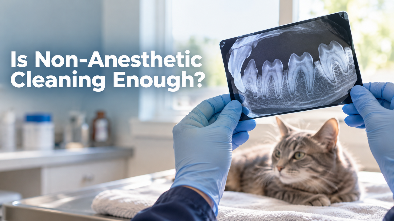 Veterinarian holding a cat dental X-ray, asking is non-anesthetic dental cleaning safe.