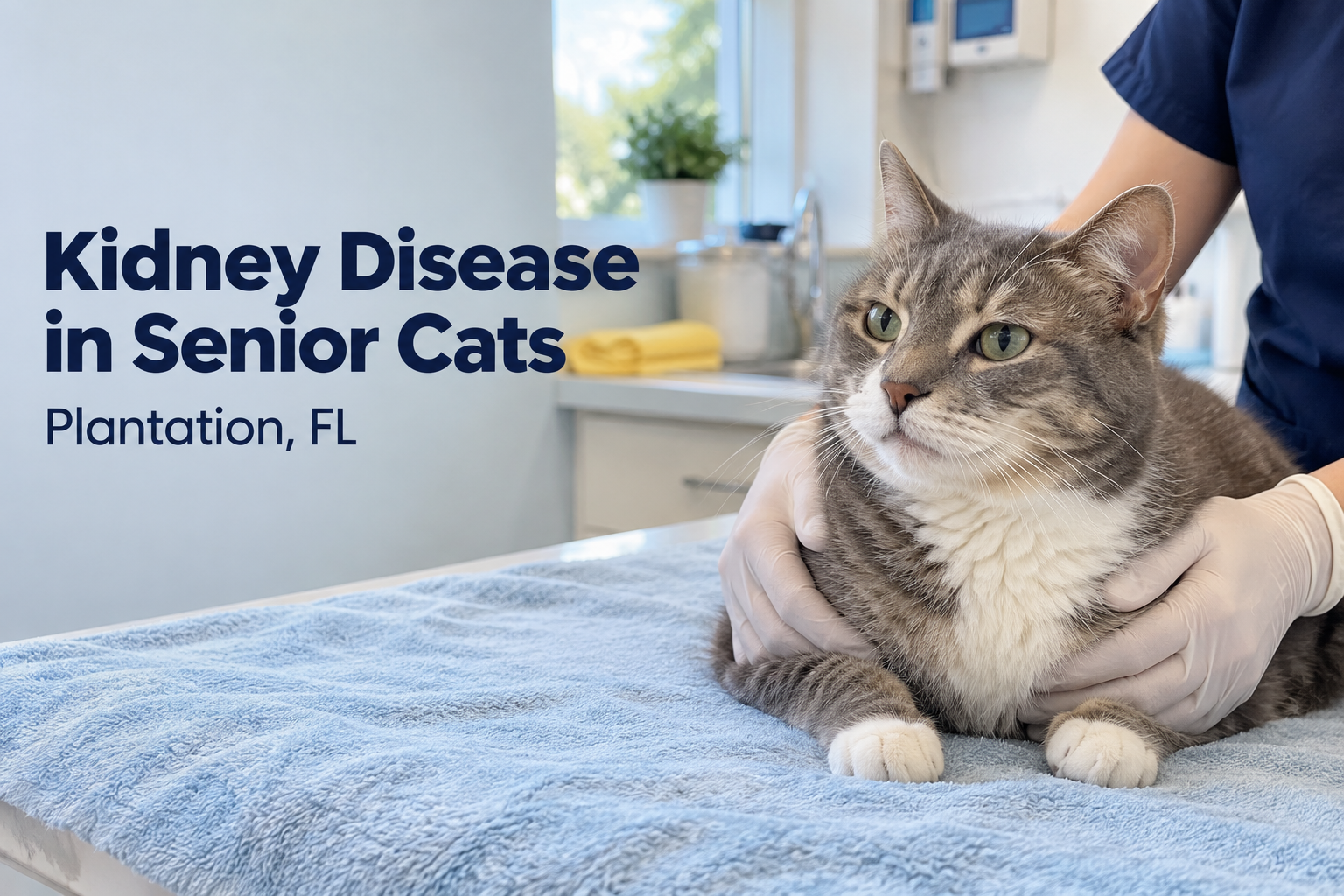 Senior cat gently held by veterinarian hands during a kidney disease exam in Plantation