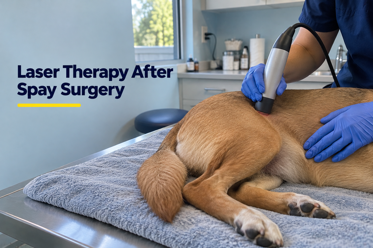 Veterinary team member performing laser therapy on a dog’s side after spay surgery.