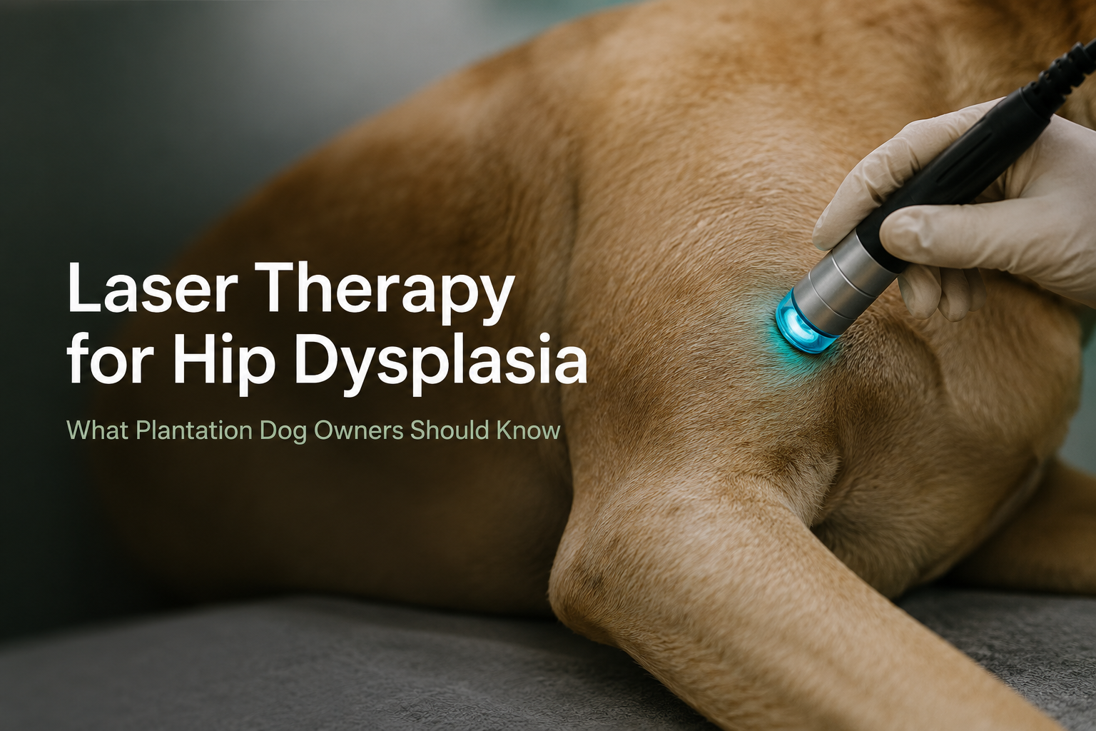 Laser therapy device treating a dog's hip for hip dysplasia in Plantation