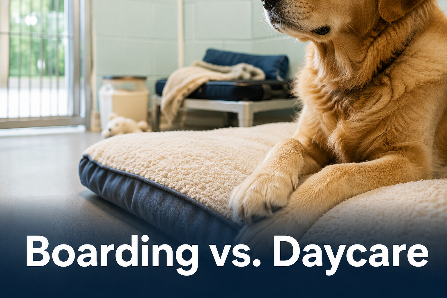 Dog resting calmly in a clean medical boarding kennel space