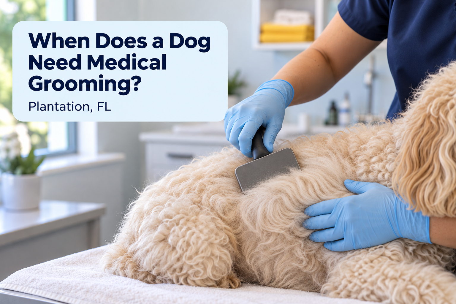 Gloved hands gently brushing a calm dog’s coat during medical dog grooming in Plantation