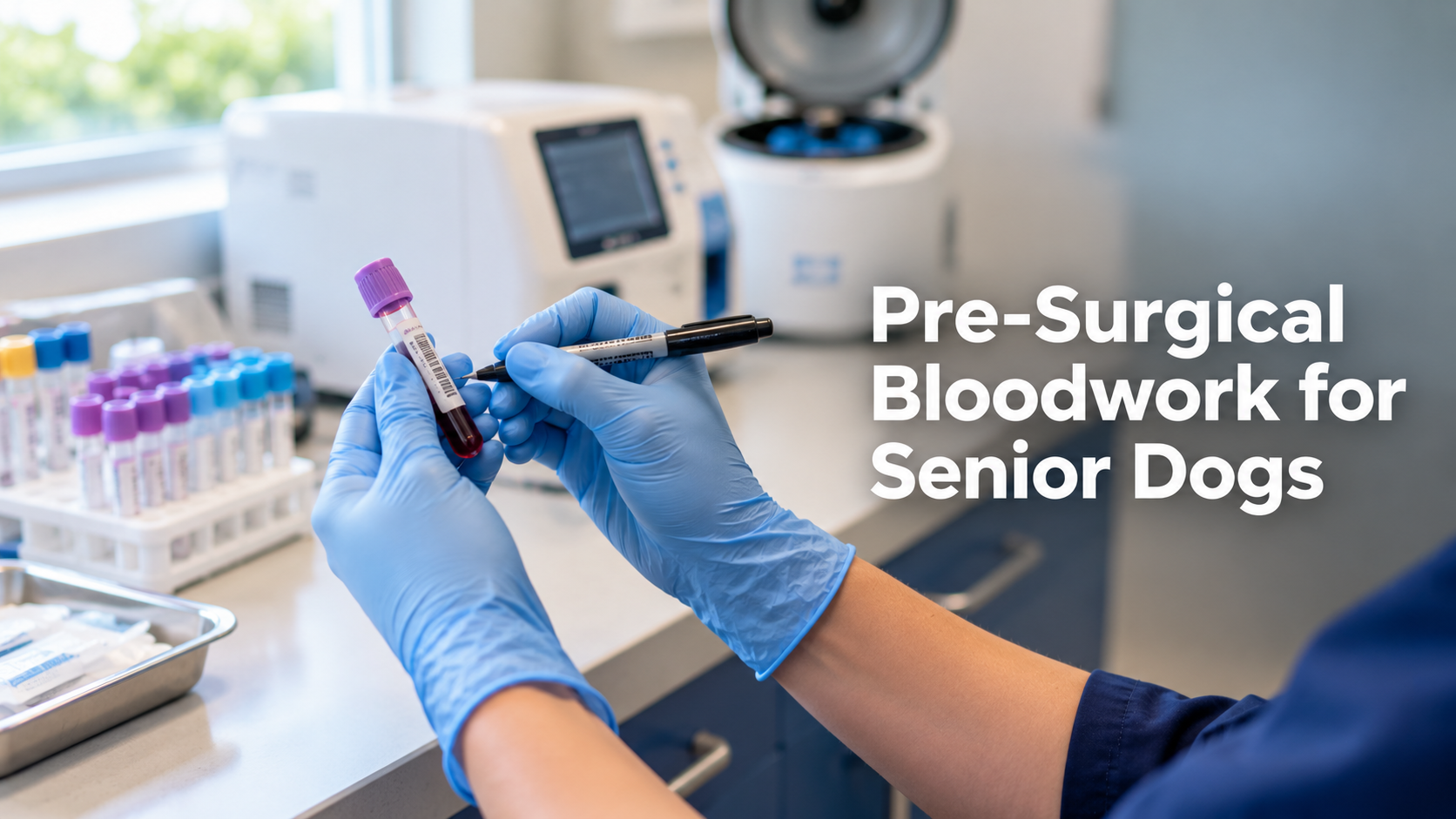 Veterinary technician labeling a blood sample for pre-anesthetic bloodwork before senior dog surgery