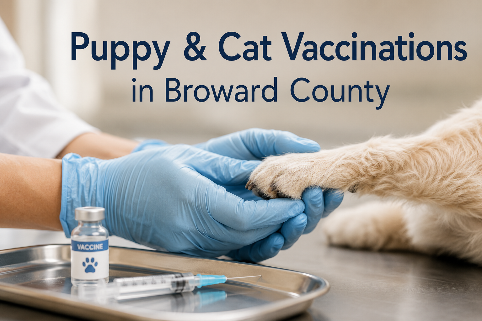 Veterinarian holding puppy's paw during vaccination visit in Broward County