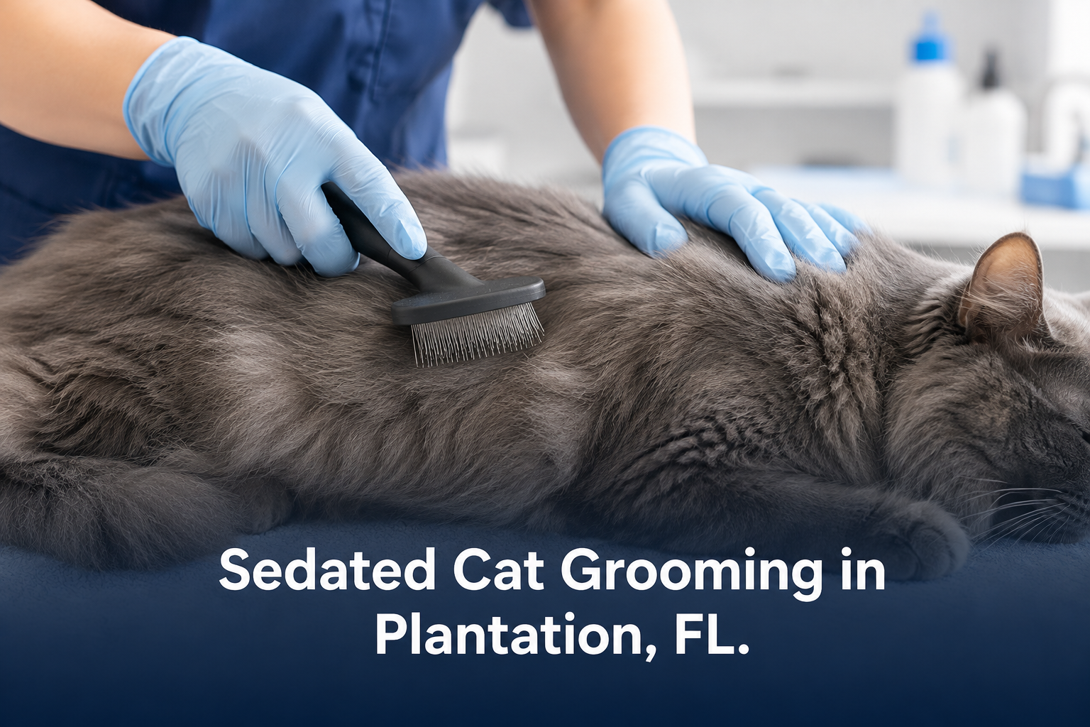 Vet tech grooming a sedated cat safely in Plantation FL