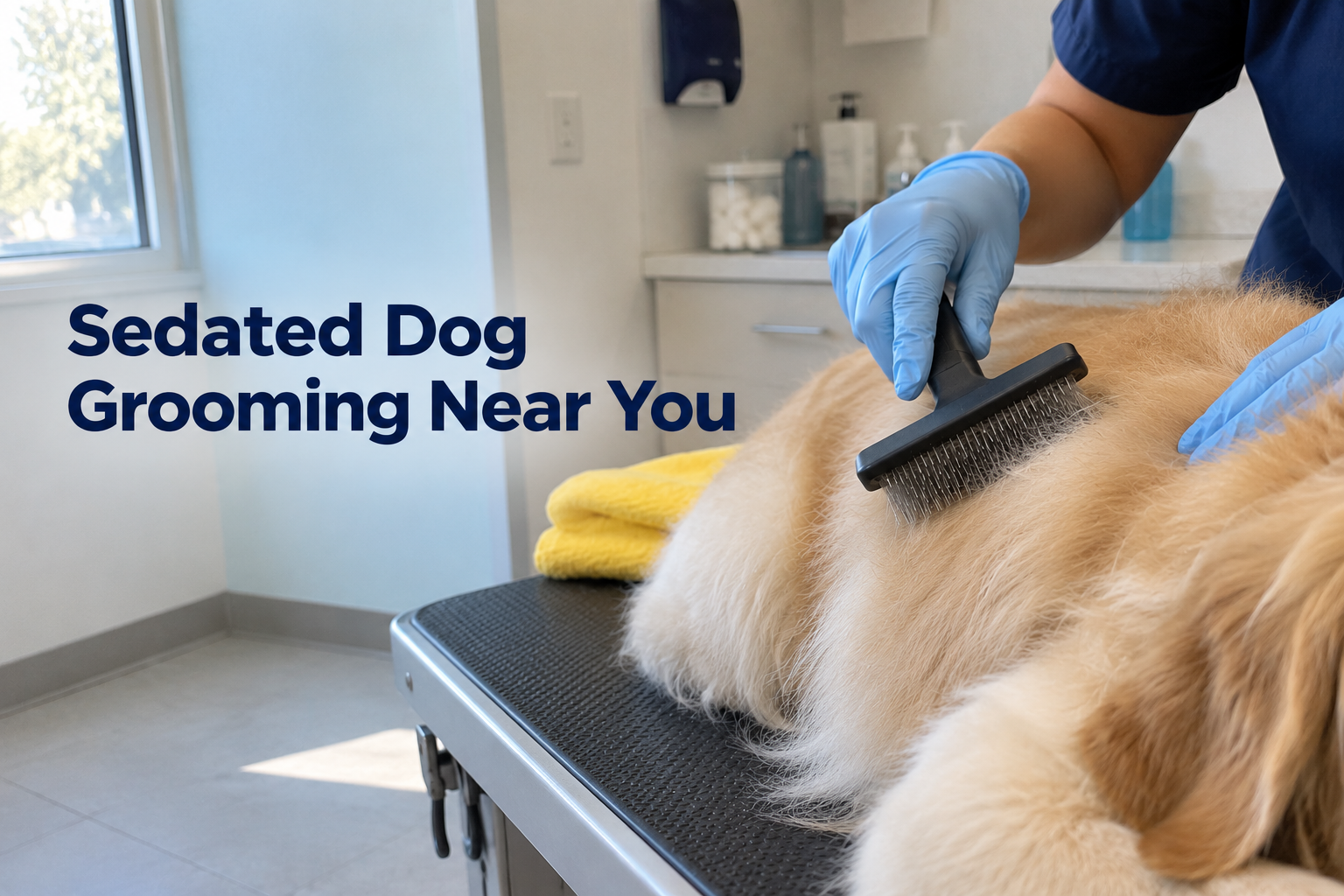 Gloved hands brushing a calm dog’s coat during sedated dog grooming in Plantation, FL