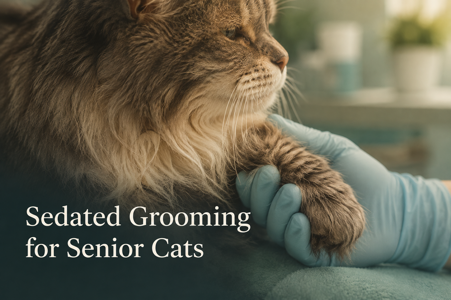 Senior cat gently held during sedated grooming appointment in Plantation