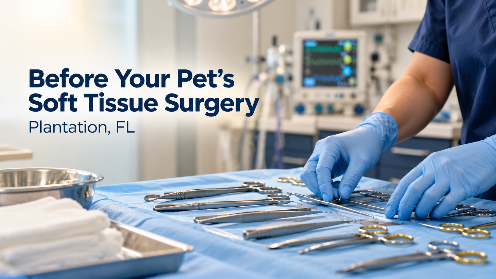Gloved hands preparing instruments for soft tissue surgery at a Plantation, FL vet

