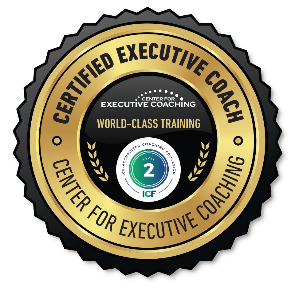 Gold-and-black “Certified Executive Coach” badge for Center for Executive Coaching, with “World-Class Training” center seal