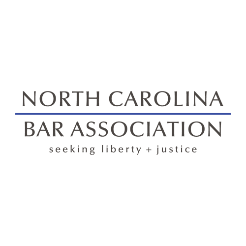 North Carolina Bar Association logo with gray text, blue line, and the slogan “seeking liberty + justice”