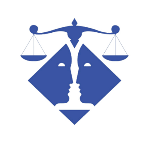Blue legal scales with mirrored faces forming a justice emblem on a white background