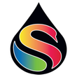 Black teardrop logo with a colorful 