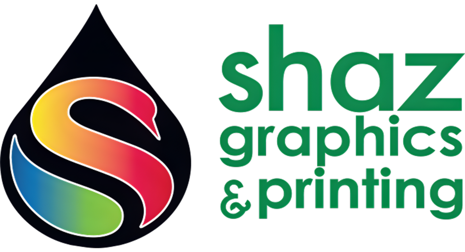 Logo for Shaz Graphics & Printing; a teardrop with a colorful 