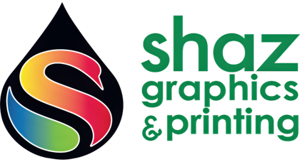 Logo for Shaz Graphics & Printing; a teardrop with a colorful