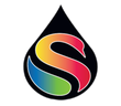 Black teardrop shape with a stylized, rainbow-colored swan, outlined in white.