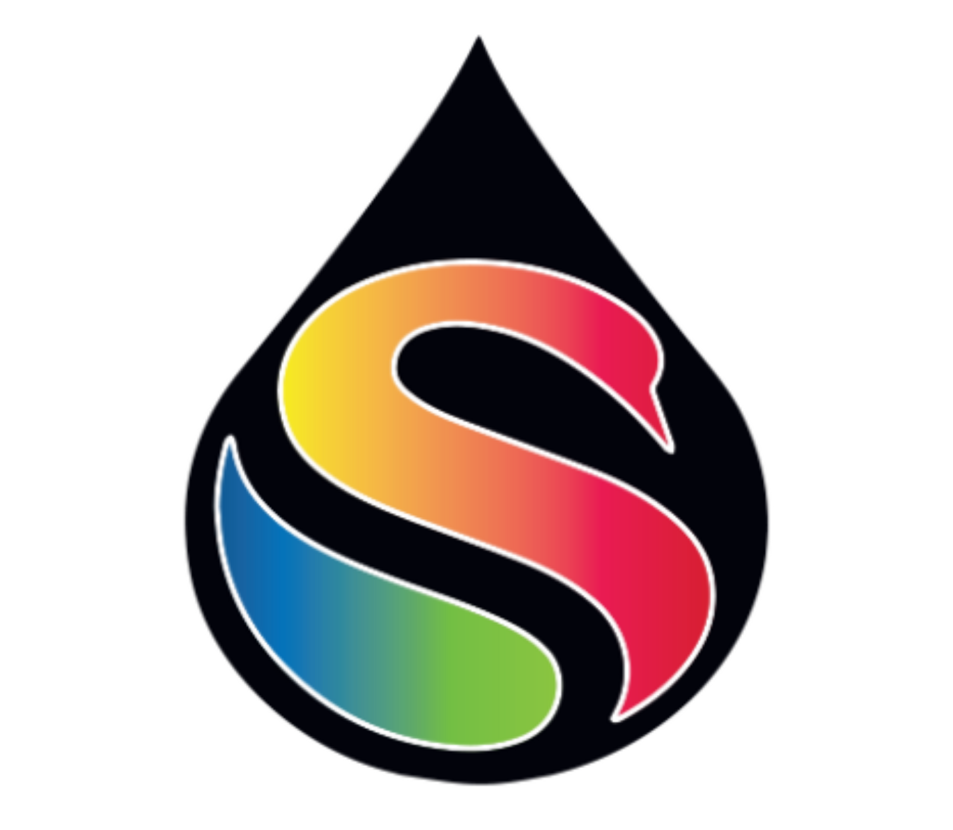Black teardrop shape with a stylized, rainbow-colored swan, outlined in white.