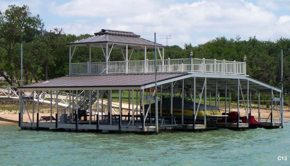 Silverstone decking and railing, brown roof, with swim ladder and hip shade with decorative ridge - Dock Solutions of Kentucky | Lexington, KY