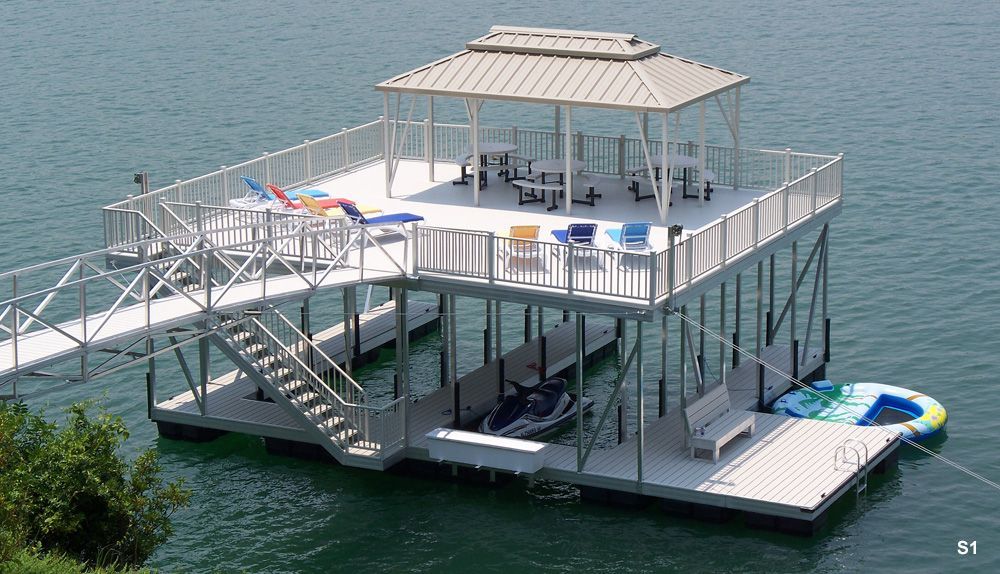 Silverstone decking and railing,desert roof, with swim platform, dock locker, and hip shade with decorative ridge - Dock Solutions of Kentucky | Lexington, KY