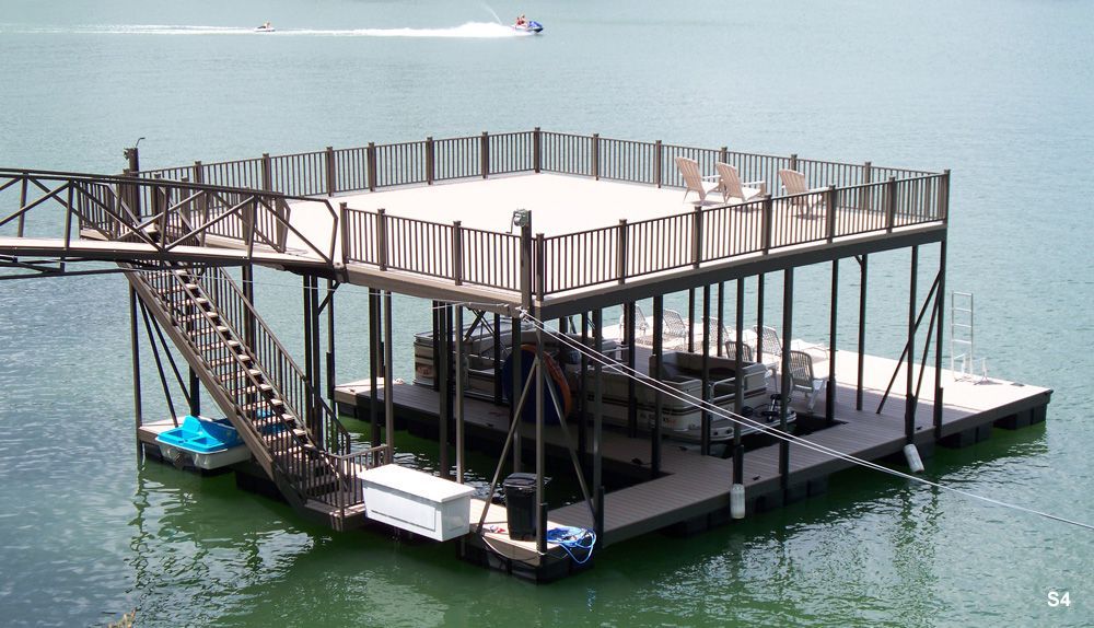 Buckskin decking, burnished slate railings, with full-length swim platform, swim ladder, and dock locker - Dock Solutions of Kentucky | Lexington, KY