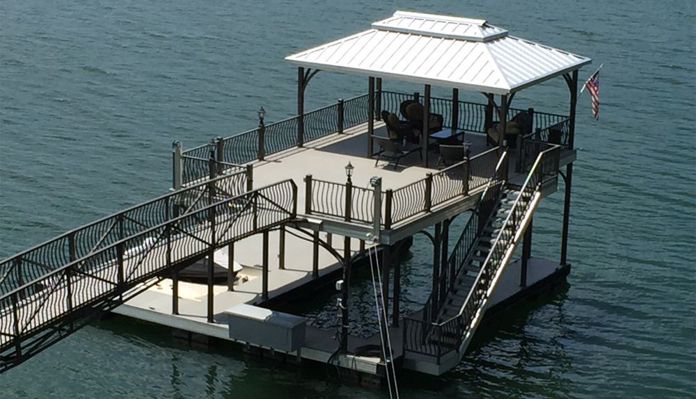 Galvalume roof panels matched with burnished slate posts and railings and buckskin decking - Dock Solutions of Kentucky | Lexington, KY