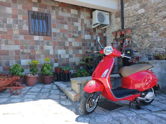 Red scooter parked beside potted plants and a stone wall outside a tiled building.