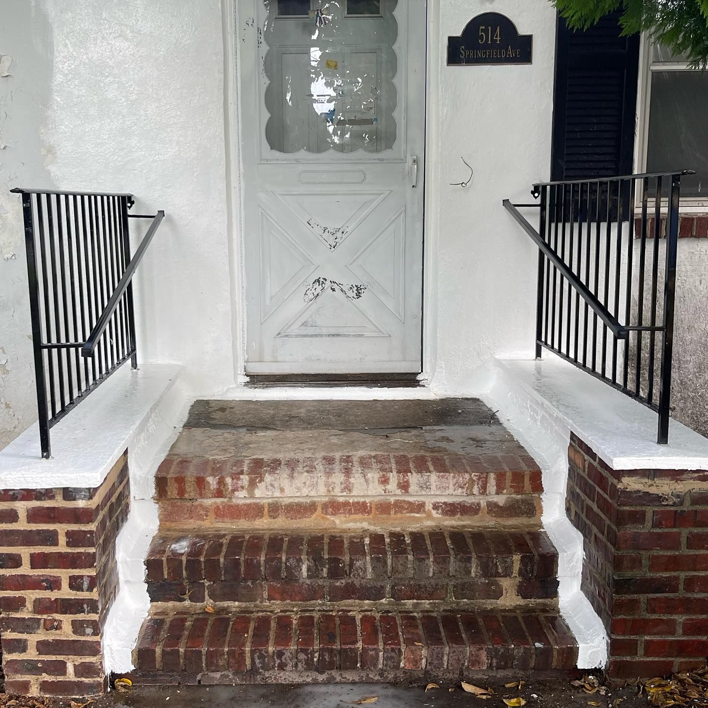 A front door with three brick steps, white painted side walls, and black metal railings on both sides.