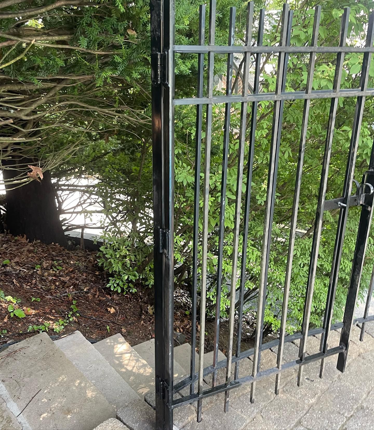 A black metal gate stands open, leading to a set of stone steps surrounded by thick green bushes.