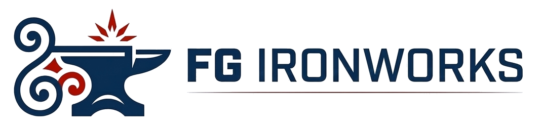 Logo for FG Ironworks featuring a dark blue anvil icon with red decorative scrollwork, next to the text "FG IRONWORKS".