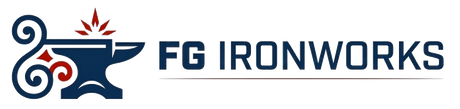 Logo for FG Ironworks featuring a dark blue anvil icon with red decorative scrollwork, next to the text "FG IRONWORKS".