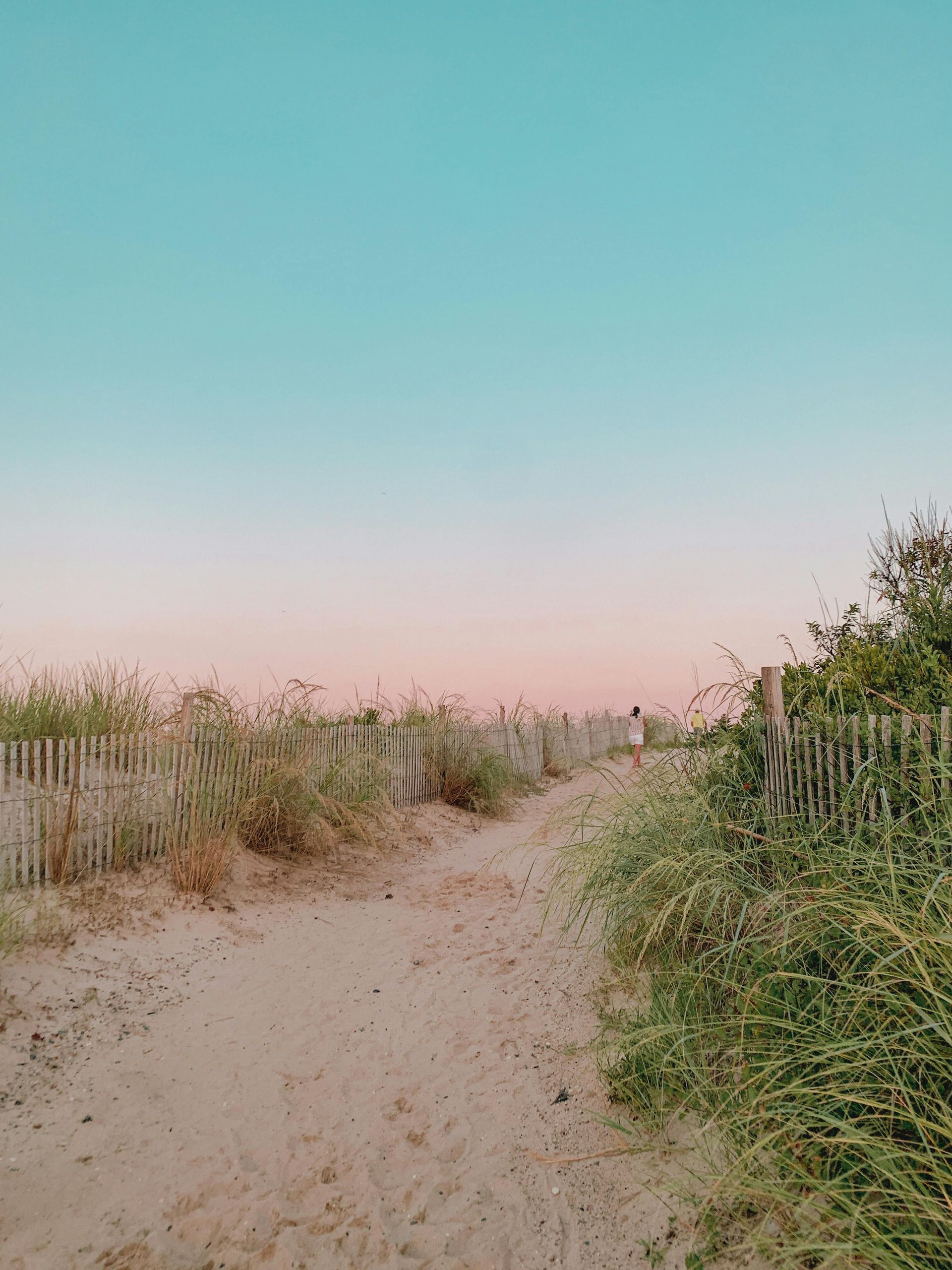 Sandy path through grassy dunes under a pastel pink and blue sky at dusk