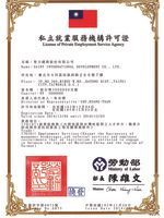 台灣勞動部頒發給聖力國際發展有限公司的私立就業服務機構許可證，證明合法經營。