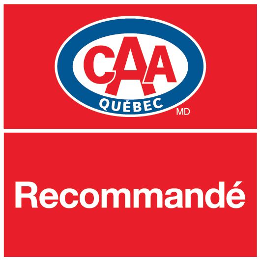 Logo de CAA Québec : fond rouge, logo ovale bleu et blanc, « CAA Québec », « Recommandé ».