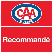 Logo de CAA Québec : fond rouge, logo ovale bleu et blanc, « CAA Québec », « Recommandé ».