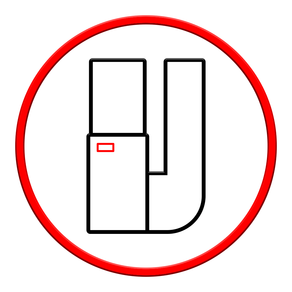 Un cercle rouge entoure un motif noir en forme de U avec un rectangle contenant un petit rectangle rouge.