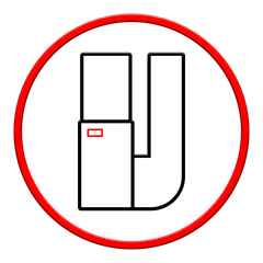 Un cercle rouge entoure un motif noir en forme de U avec un rectangle contenant un petit rectangle rouge.