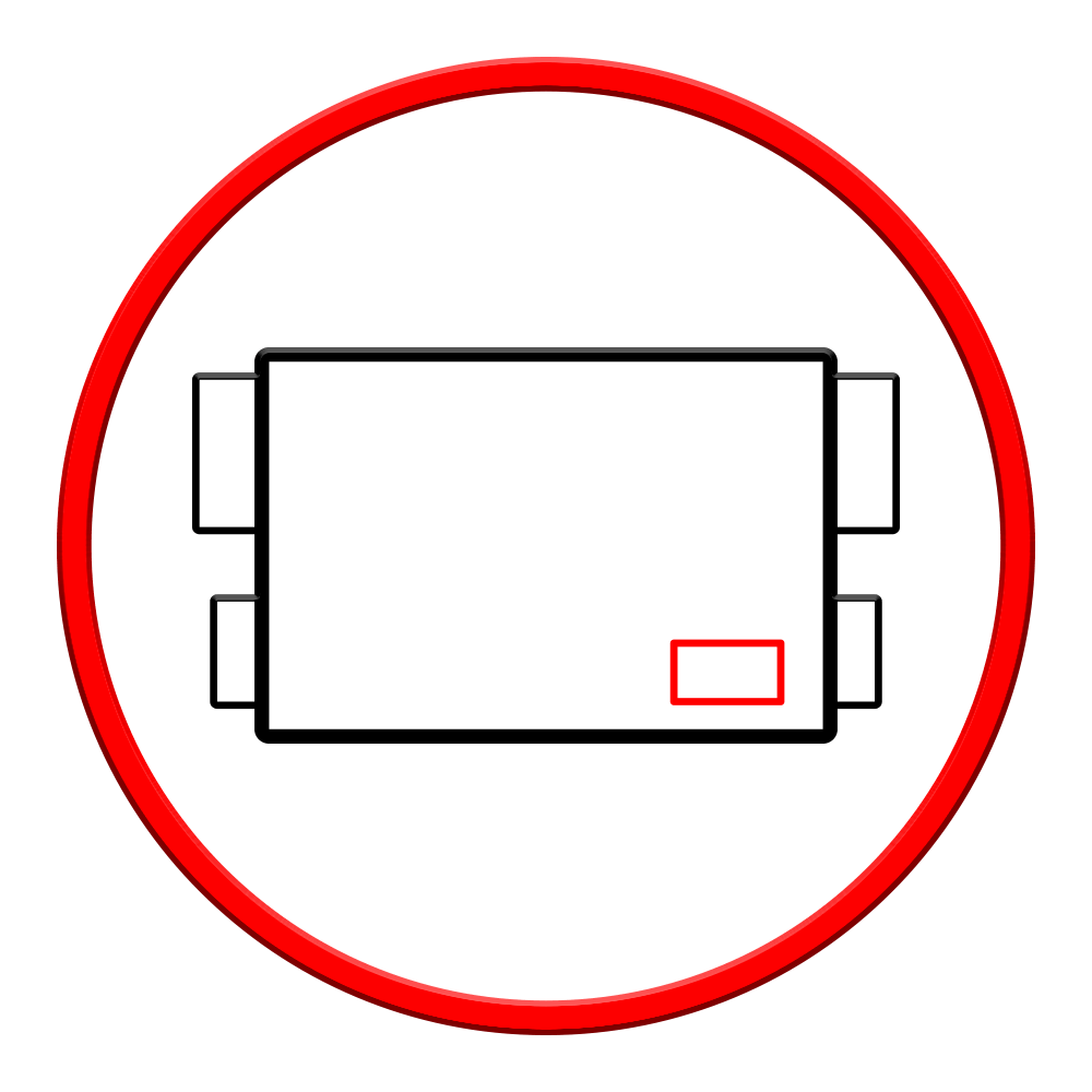 Un cercle rouge avec un rectangle blanc, quatre petites languettes rectangulaires et un petit rectangle rouge.