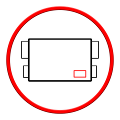 Un cercle rouge avec un rectangle blanc, quatre petites languettes rectangulaires et un petit rectangle rouge.