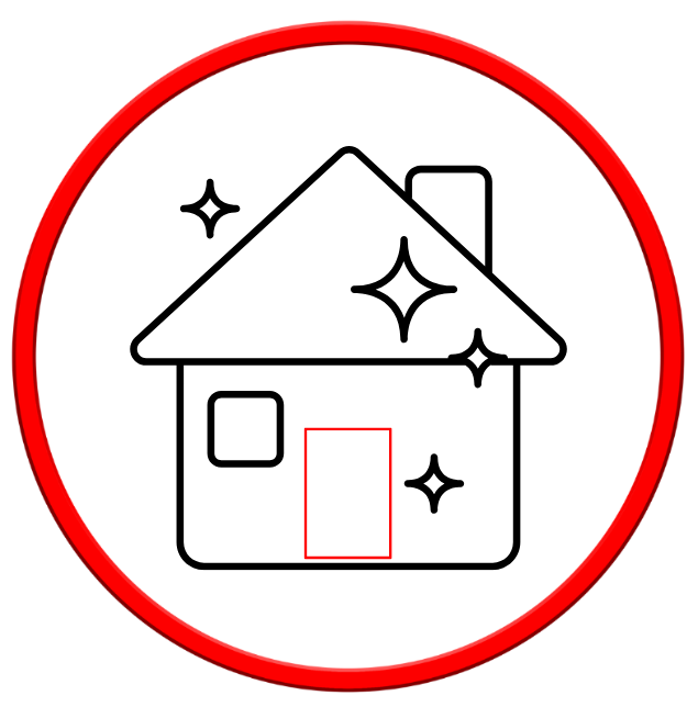 Icône de maison propre avec bordure rouge ; des étincelles brillantes entourent la maison.