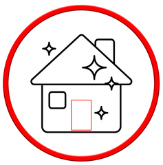 Icône de maison propre avec bordure rouge ; des étincelles brillantes entourent la maison.