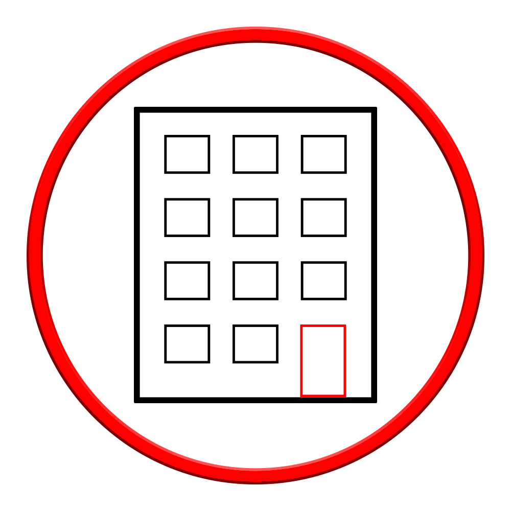 Cercle rouge avec un dessin de bâtiment ; une porte mise en évidence en rouge.