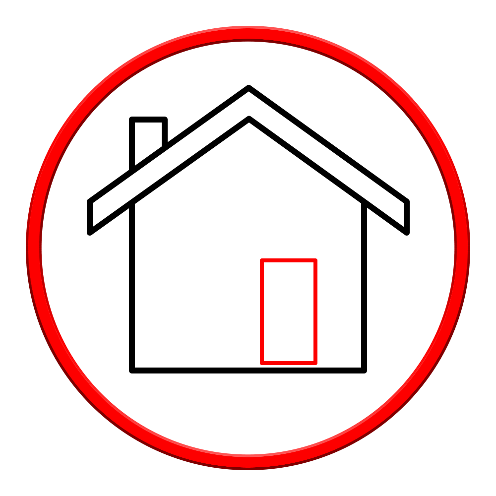 Icône de maison à l'intérieur d'un cercle rouge, porte mise en évidence en rouge.