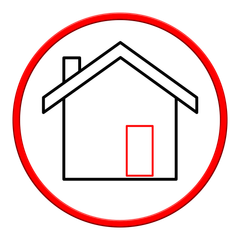 Icône de maison à l'intérieur d'un cercle rouge, porte mise en évidence en rouge.