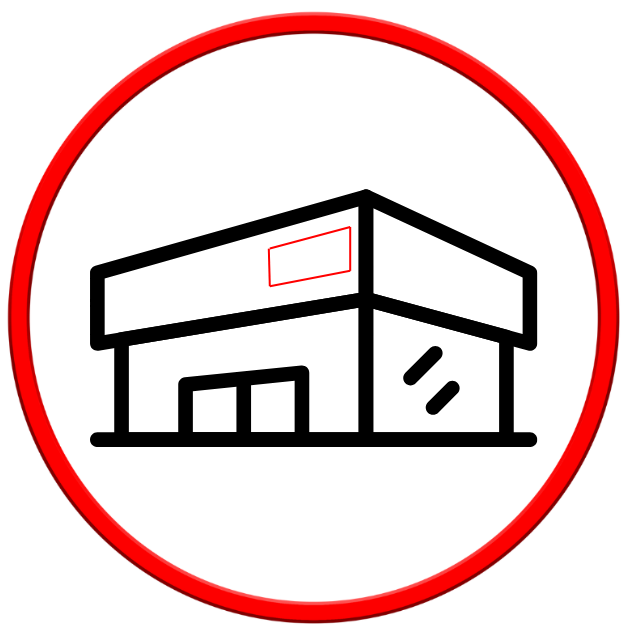 Icône de bâtiment à l'intérieur d'un cercle rouge.