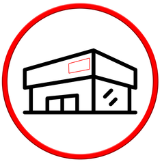 Icône de bâtiment à l'intérieur d'un cercle rouge.