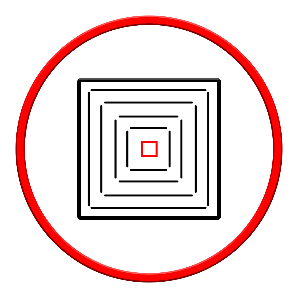 Un cercle rouge entoure des carrés noirs imbriqués, avec un carré rouge au centre.