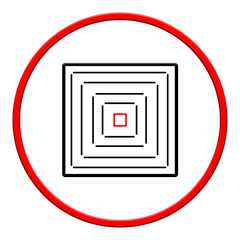 Un cercle rouge entoure des carrés noirs imbriqués, avec un carré rouge au centre.